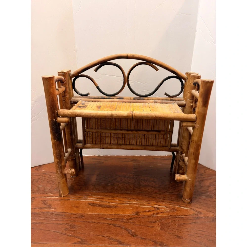 Vintage Burnt Bamboo Folding Wall Shelf Tortoiseshell Mini Boho Rattan Etagere
